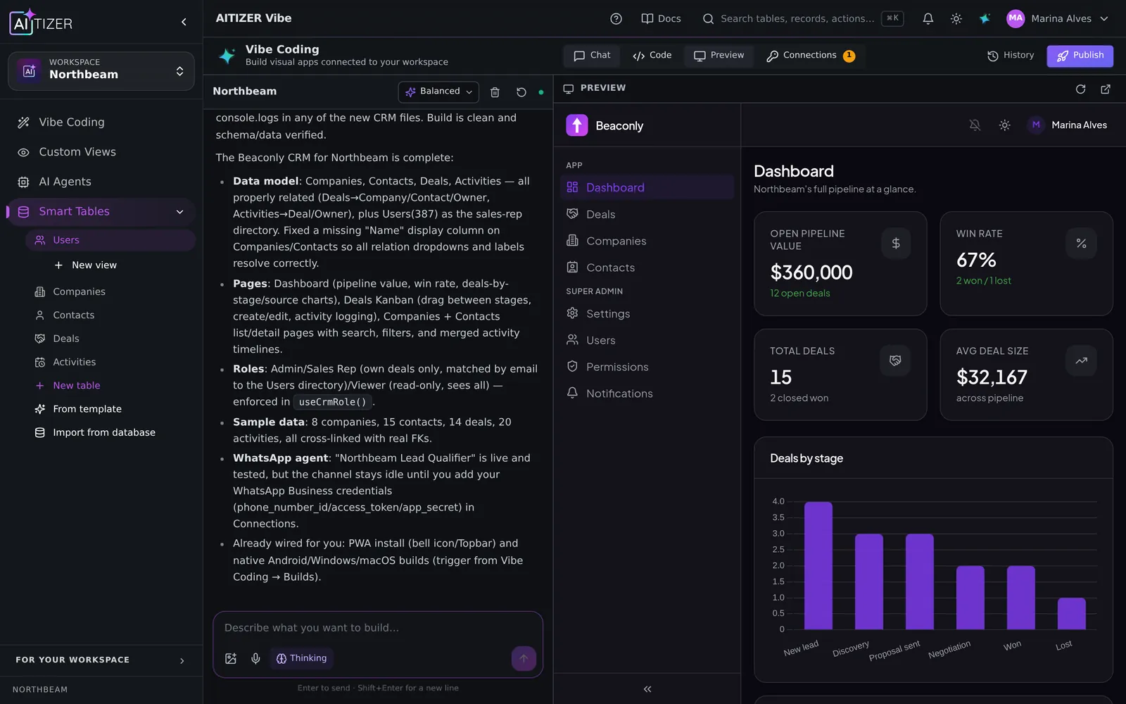 AITIZER Vibe Coding building a CRM, with the live preview of the generated app