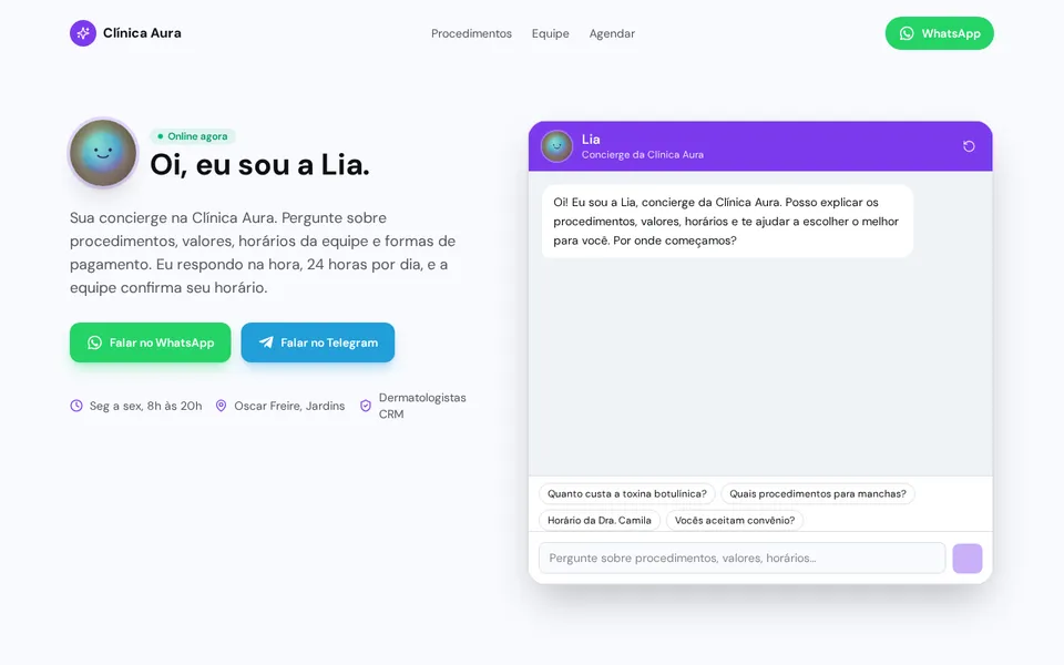 Lia · Clínica Aura: AI concierge with WhatsApp and Telegram